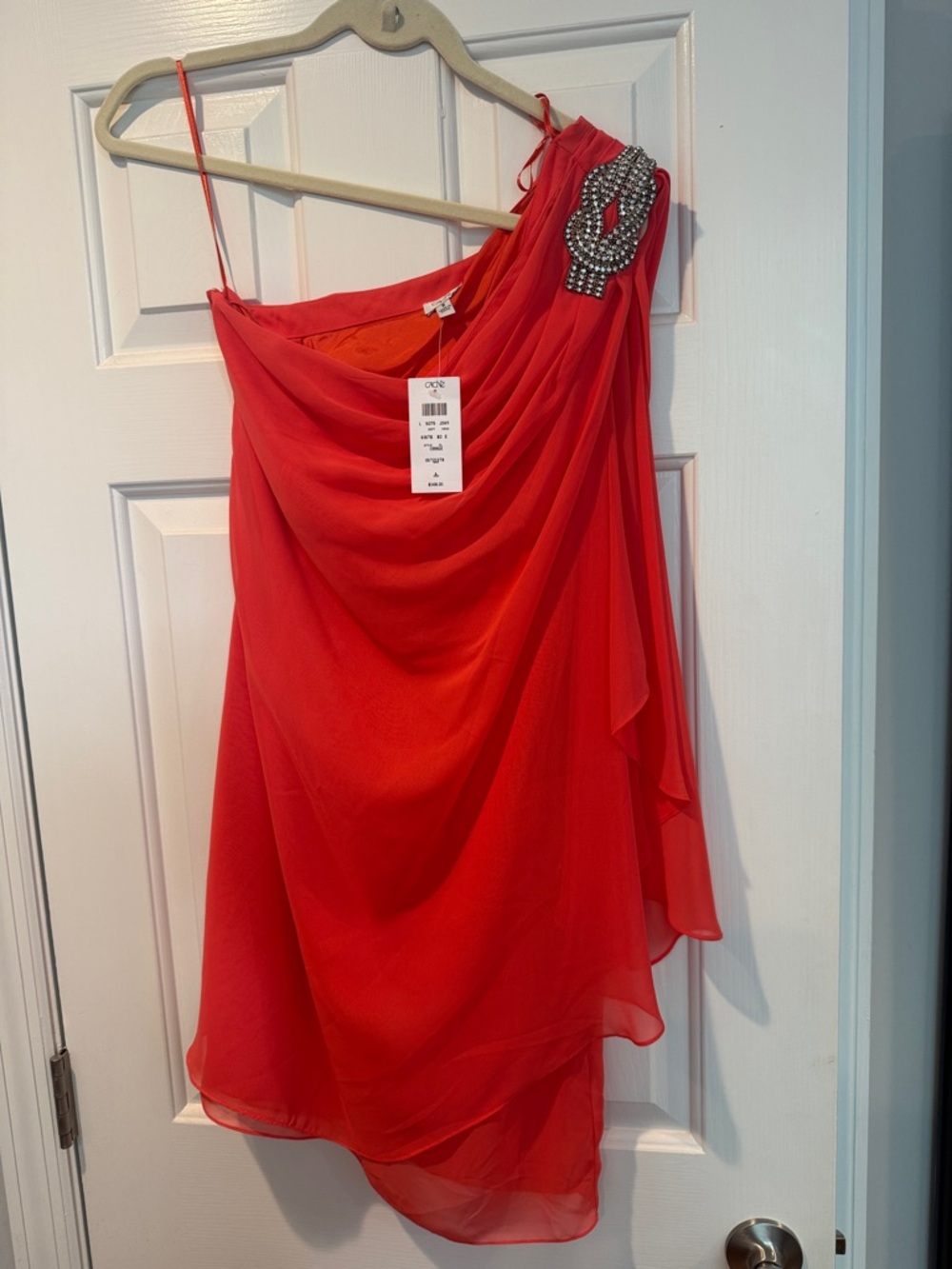 Cache Orange One-Shoulder Chiffon Dress with Jeweled Shoulder; size 6; new